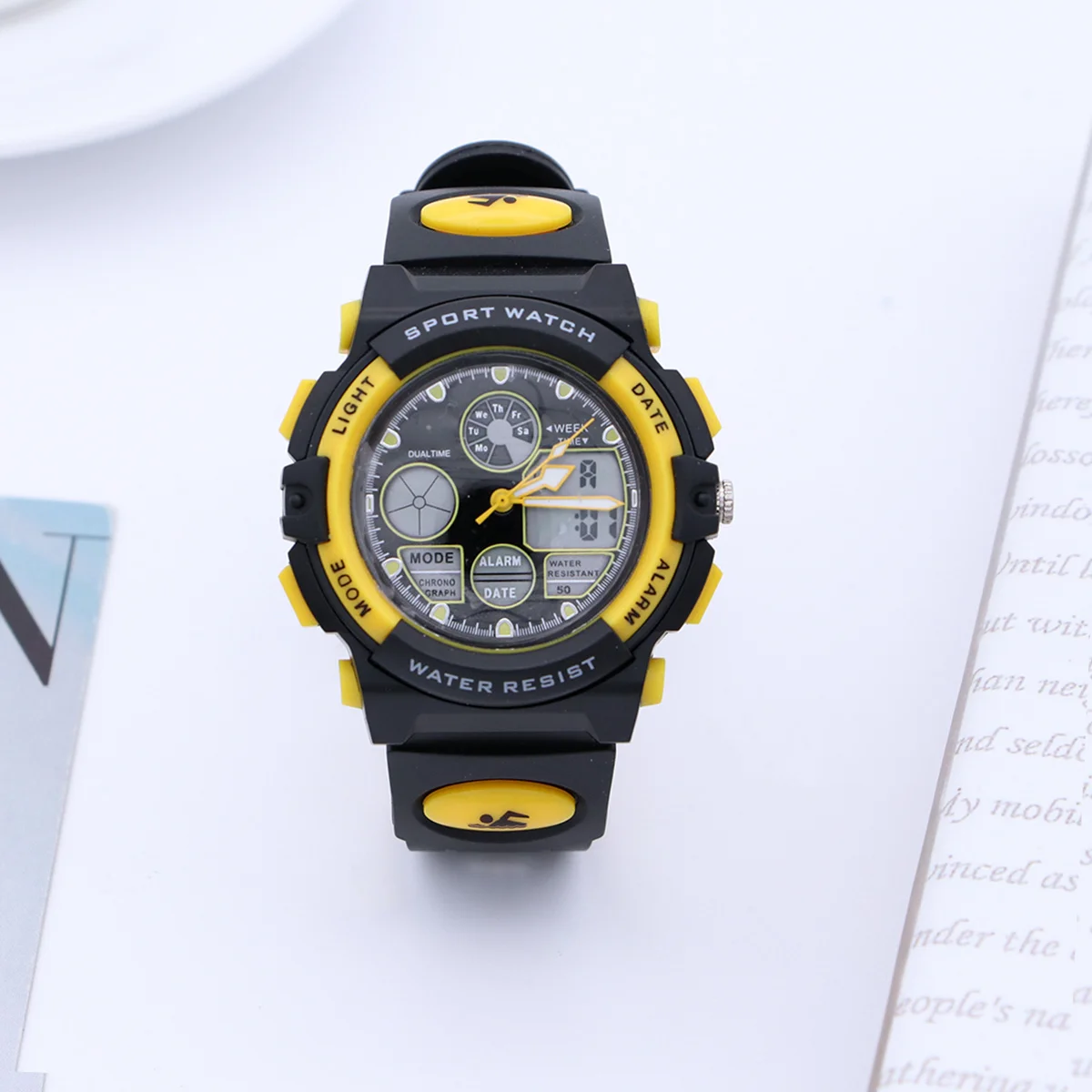 

Waterproof Dual Display Watch Yellow Digital Sports Watch El Light Chip Multifunctional Outdoor Electronic Wristwatch For