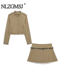 TRAF 2024 Spring Women Pleated Mini Skirts Sets For Women Bomber Jacket Women Suits New Two Piece Women Outfit