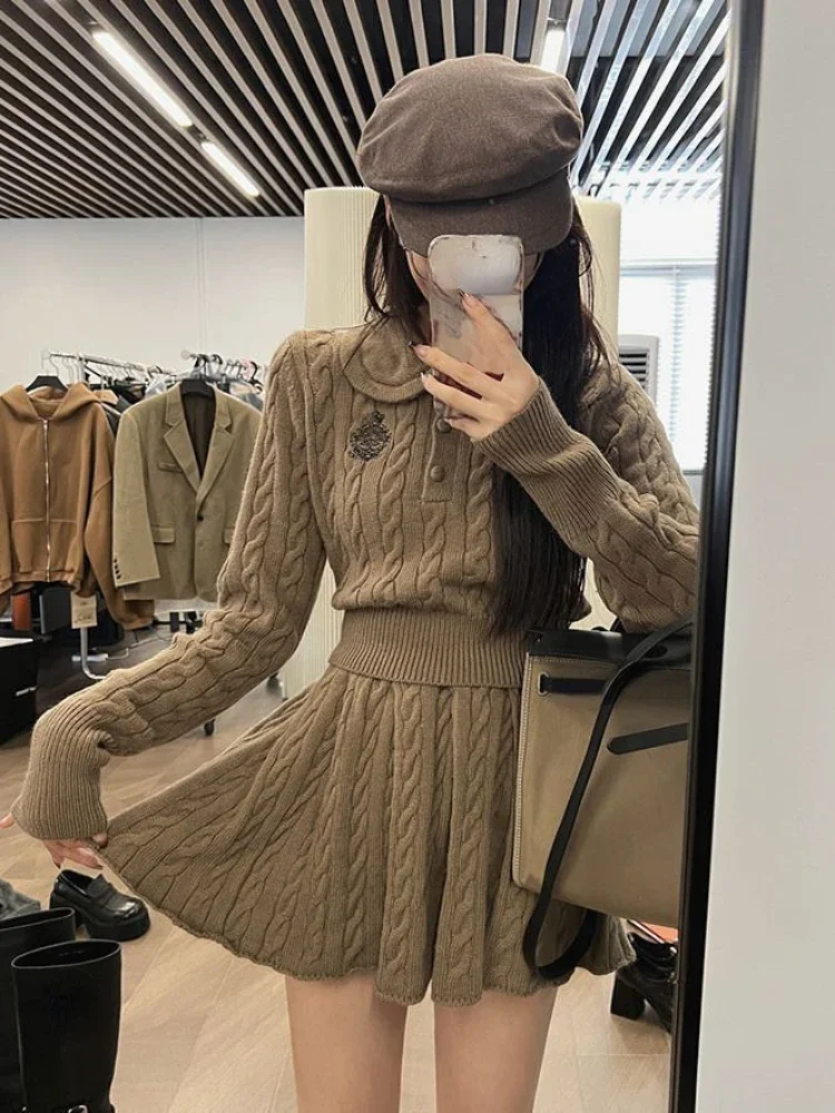 2024 Autumn Preppy Style Knitted Clothing Suit Woman Slim Kawaii Swearter Tops Casual Y2k Mini Skirt Woman Fashion 2 Piece Set