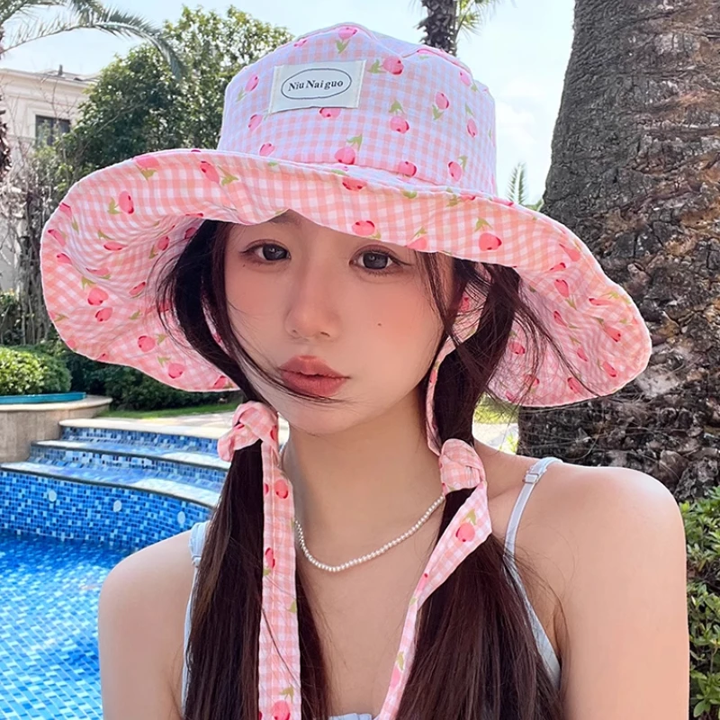 

Ins Fresh Plaid Print Long Streamer Sun Hats Women Spring and Summer Outdoor Travel Leisure Sunscreen Large Brim Bucket Caps