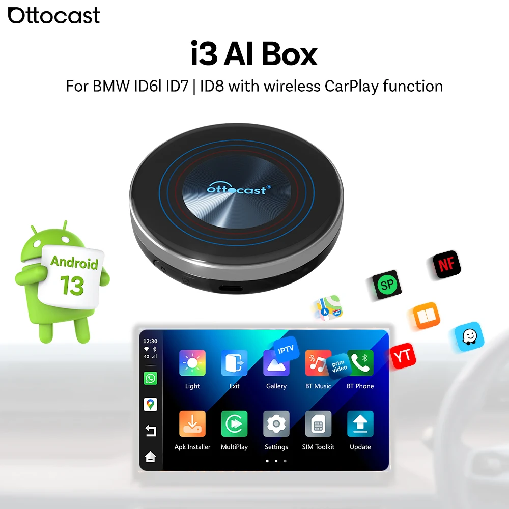 Ottocast I3 Smart Car AI Box Wireless CarPlay Adapter 8+128G Vehicle Video TV Multimedia Streaming Receiver for BMW  VinFast