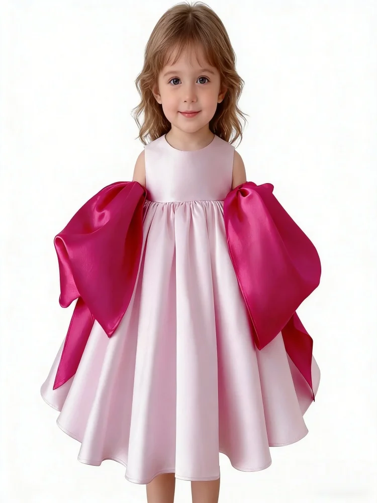 

Custom Sleeveless Satin Big Bow Flower Girl Dress Wedding Gown Birthday Party Pageant Dress for Girls Formal Princess Dress