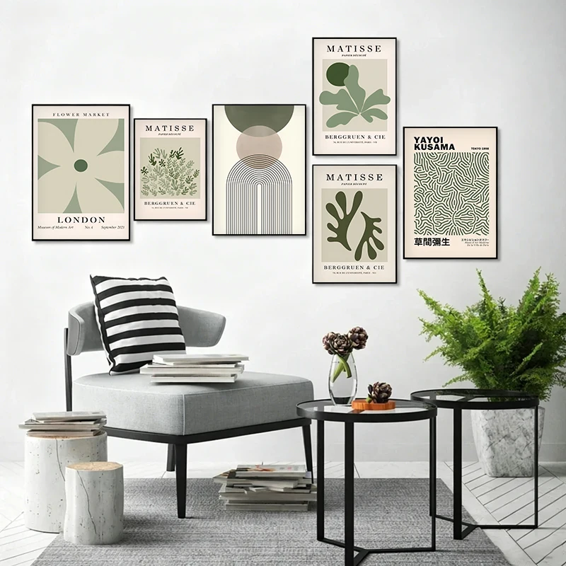 Boho Canvas Wall Art Set Matisse Cutout Yayoi Kusama Flower Market Line Geometric Print for Neutral Living Room Decor Poster