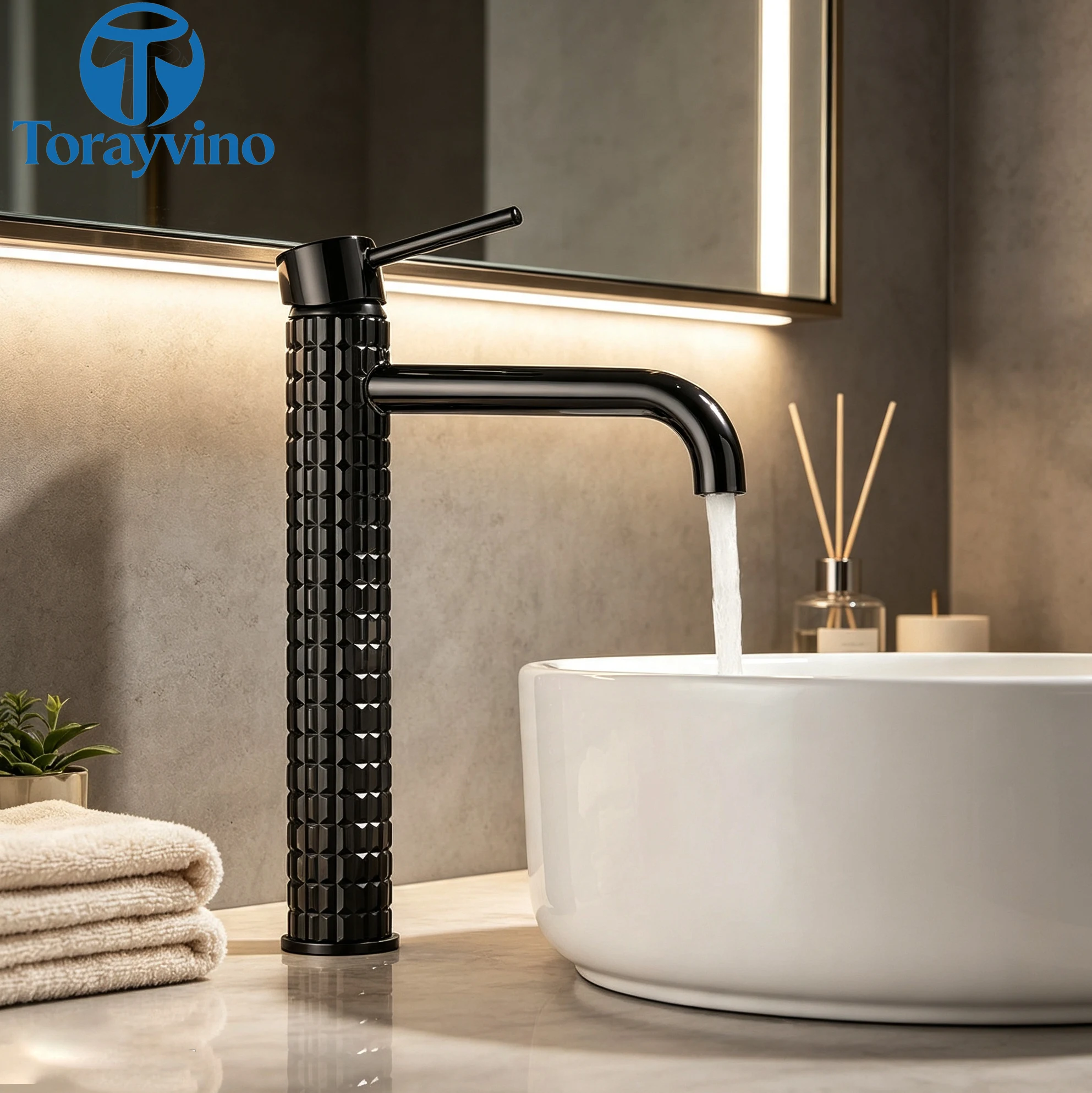 Torayvino Luxury European Black Brushed Gold Bathroom Basin Textured Faucet Vessel Sink Cold Hot Water Faucets Bath Mixer Tap