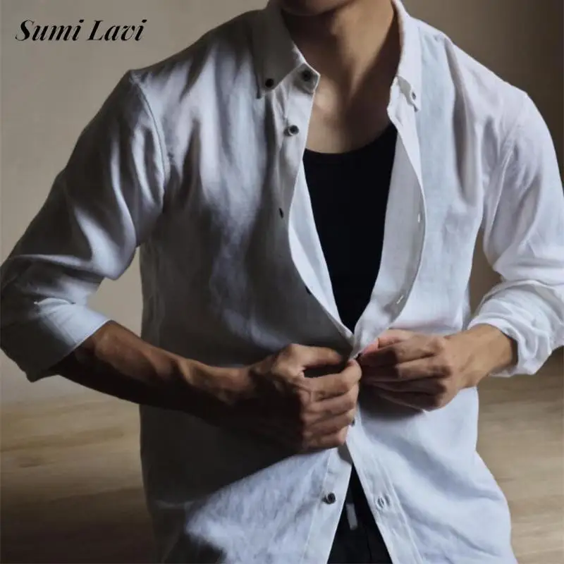 

Стильные мужские льняные рубашки с длинным рукавом, весенне-осенние повседневные облегающие кардиганы, топы, мужские льняные рубашки на пуговицах в стиле ретро