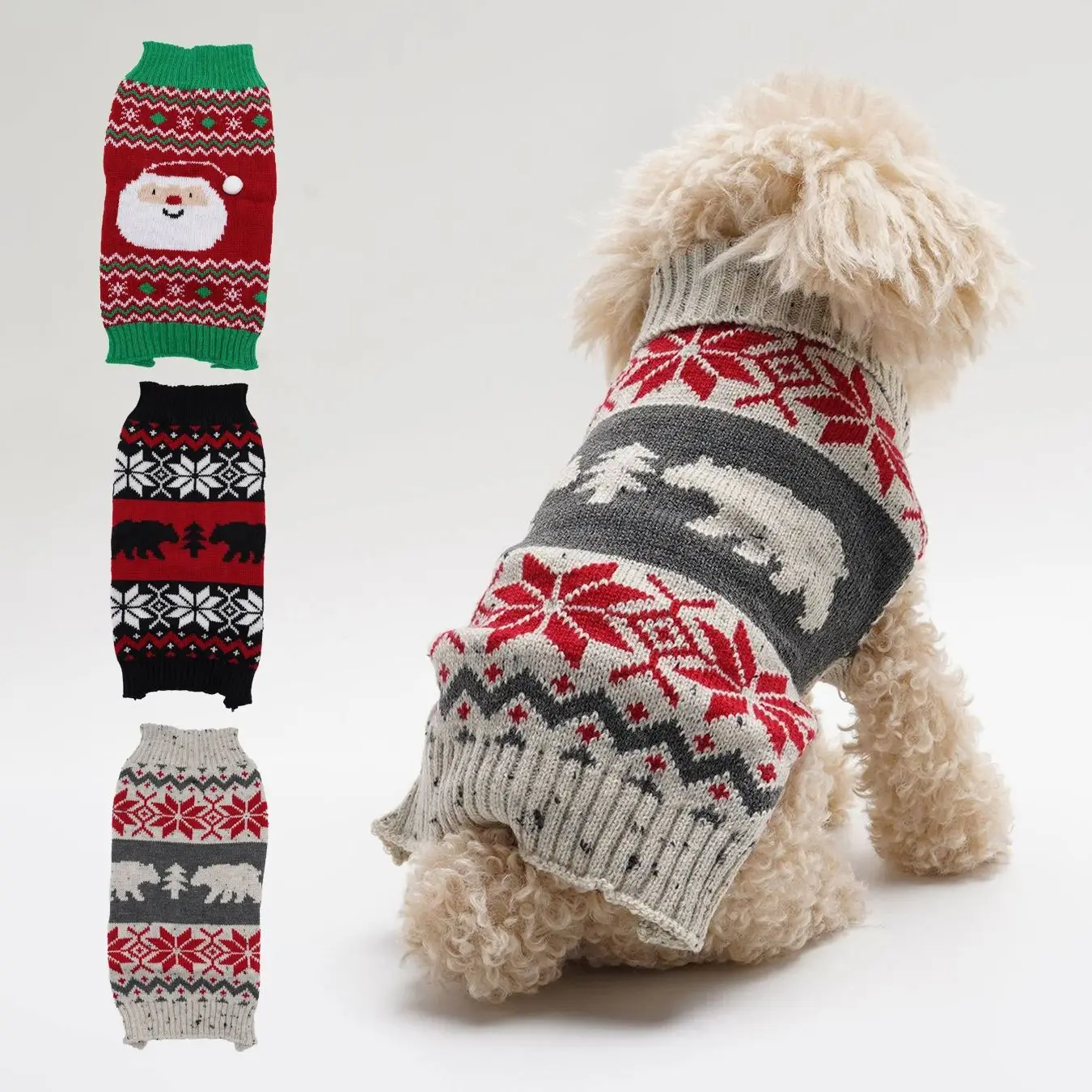 

3 pcs Knitted Pet Clothes Snowman Snowball Polar Bear Christmas Tree Print Turn-down Collar Dog Sweater for Dogs