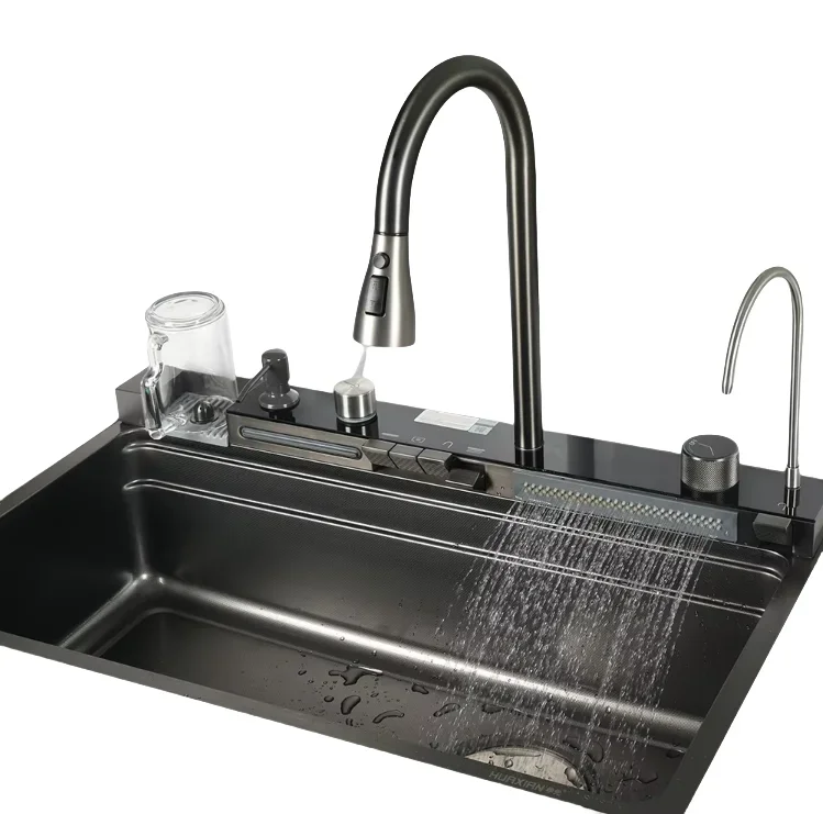 

High Quality Smart Multifunction Stainless Steel 304 Waterfall Sink Handmade Undermount Kitchen Counter Installation