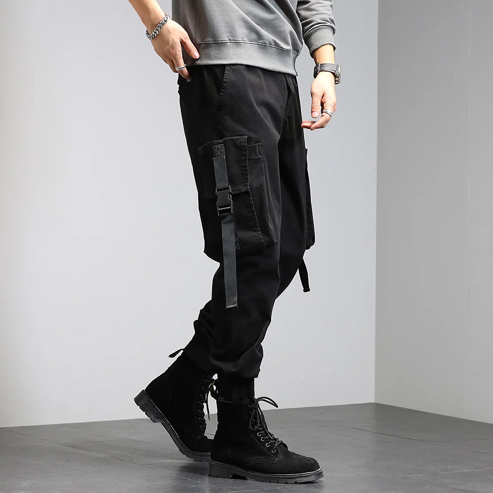 Męskie spodnie Cargo męskie 2023 luźne Hip Hop wstążka moda Techwear Joggers męskie spodnie Streetwear Casual spodnie męskie