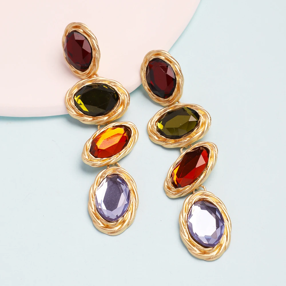 Luxury Metal Inlay Multicolor Crystal Ear Accessories Long Dangle Earrings For Women Girl Punk Vintage Unique Pendant Jewelry