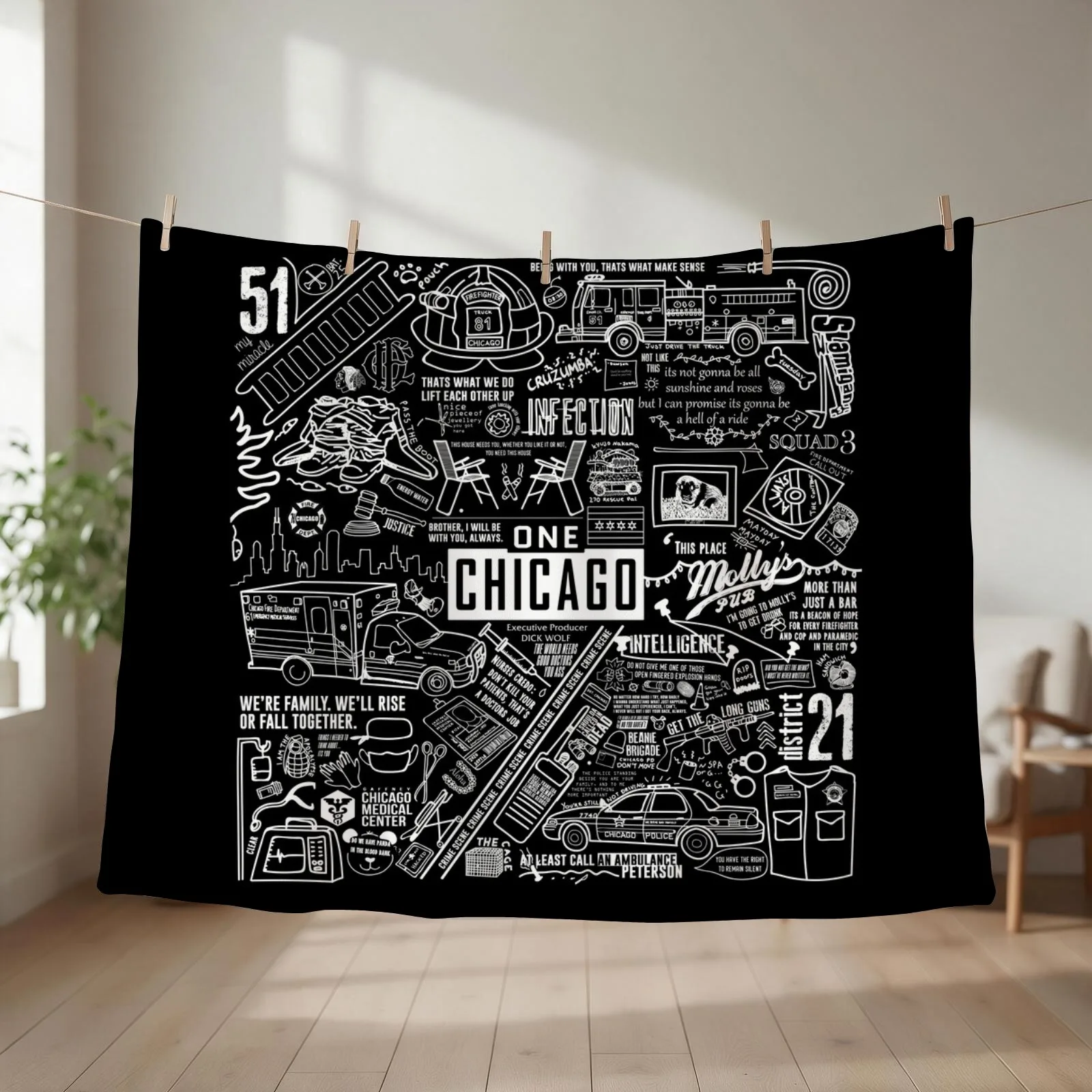 ONE CHICAGO COLLAGE on black Throw Blanket couch cozy soft plush fuzzy picnic outdoor blanket