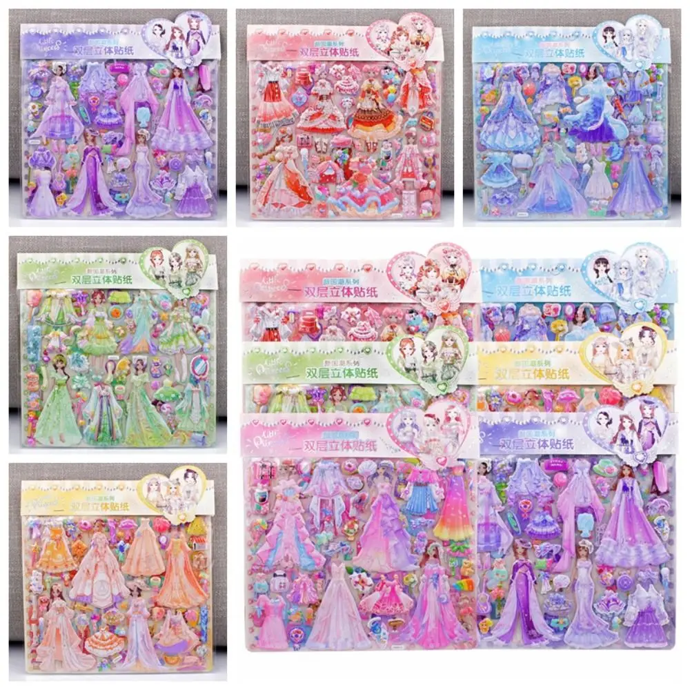 Double Layer Princess Changing Sticker Puffy Lace Skirt Handmade Princess Dress Up Stickers 3D Reusable