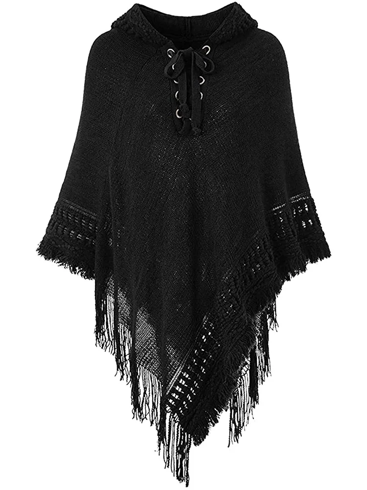 Spring Autumn New Women Winter Knit Hooded Poncho Cape Crochet Fringed Tassel Shawl Wrap Sweater Even Hat Girls Keep Warm Red