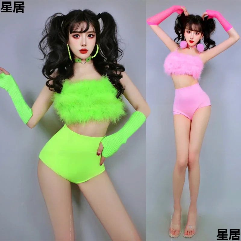 

Women'S Jazz Dance Costumes Nightclub Singer Fluffy Tops High Waist Shorts Sexy Outfits Hip Hop Clothing Stage Performance Wear