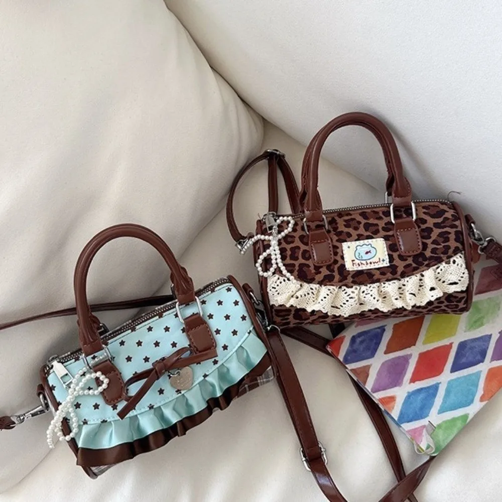 

Casual Sweet Bow Lolita Crossbody Bag Ruffle Lace Trim Pillow Handbag Chic Polka Dot Design Shoulder Tote Bag Gift
