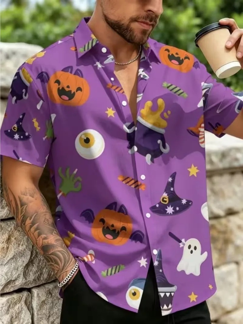 Men Halloween Candy Ghost Witch Hat Pumpkin Bat Print Hawaiian Shirt Short Sleeve Button Down Beach Holiday Party Spooky shirt