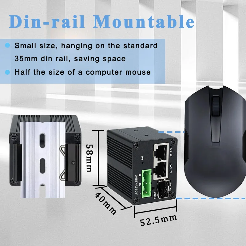 Ultra Mini Industrial 2 Ports Gigabit (PoE) Ethernet Switch with 1 SFP,Din Mount Fiber to Ethernet Media Converter,RJ45 Switch