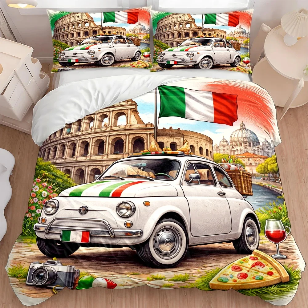 Customize 3pcs Italian Style Duvet Cover Set, Bedding 3pcs Set (1*Duvet Cover + 2*Pillowcases), Featuring Colosseum Vintage Car