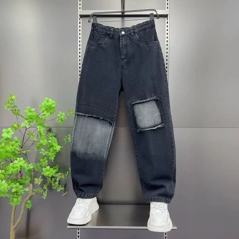 

American Retro Fake Hole Jeans Men's Summer Bla High Street Wide Leg Pants Loose Trendy Brand Jeans Straight Tube Loose Fit