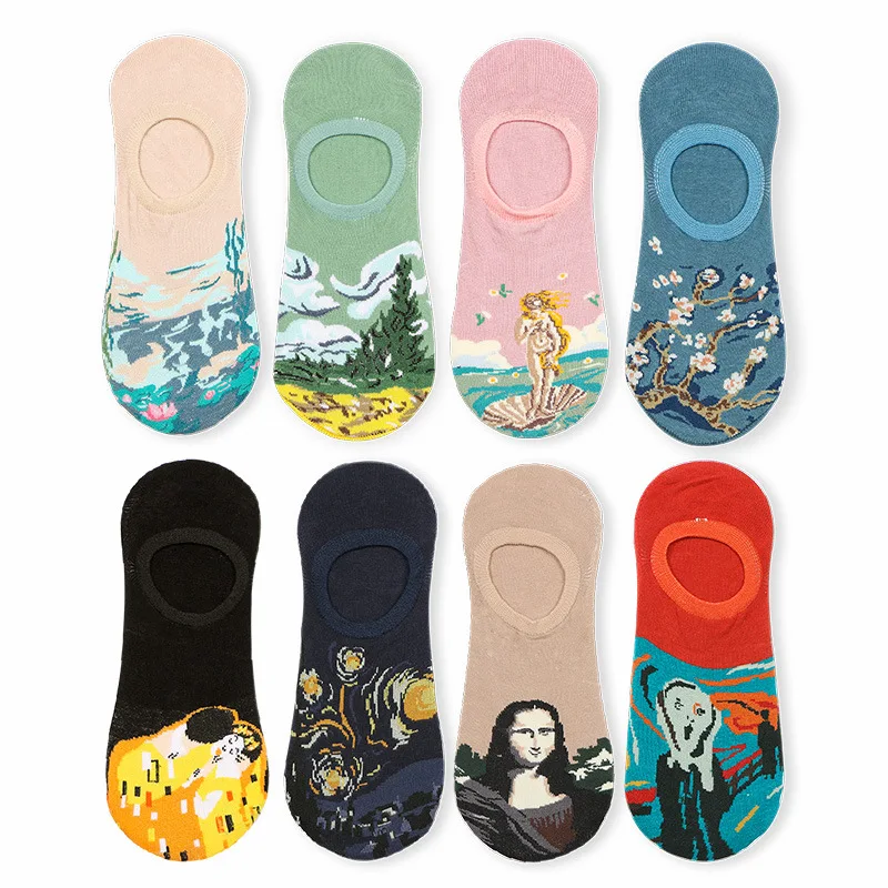 No Show Boat Sock Ankle Women Mona Lisa Art Van Gogh Silicone Non Slip Low Cut Invisible Thin Sock Casual Female Summer Ladies