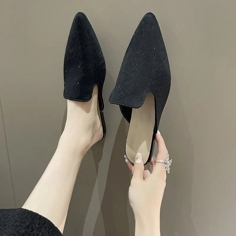 Female Simple Sewing Plain Shoes Outdoor Pointy Toe Slides Camel Blue Soft Sole Wide Fitting  2023 New Arrivals De Mujer