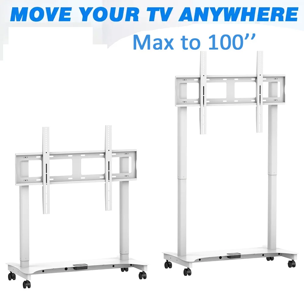 Image 7: Support de télévision motorisé en acier robuste avec roulettes, système de commande double, élévateur motorisé pour téléviseurs de grande taille de 65 à 100 pouces