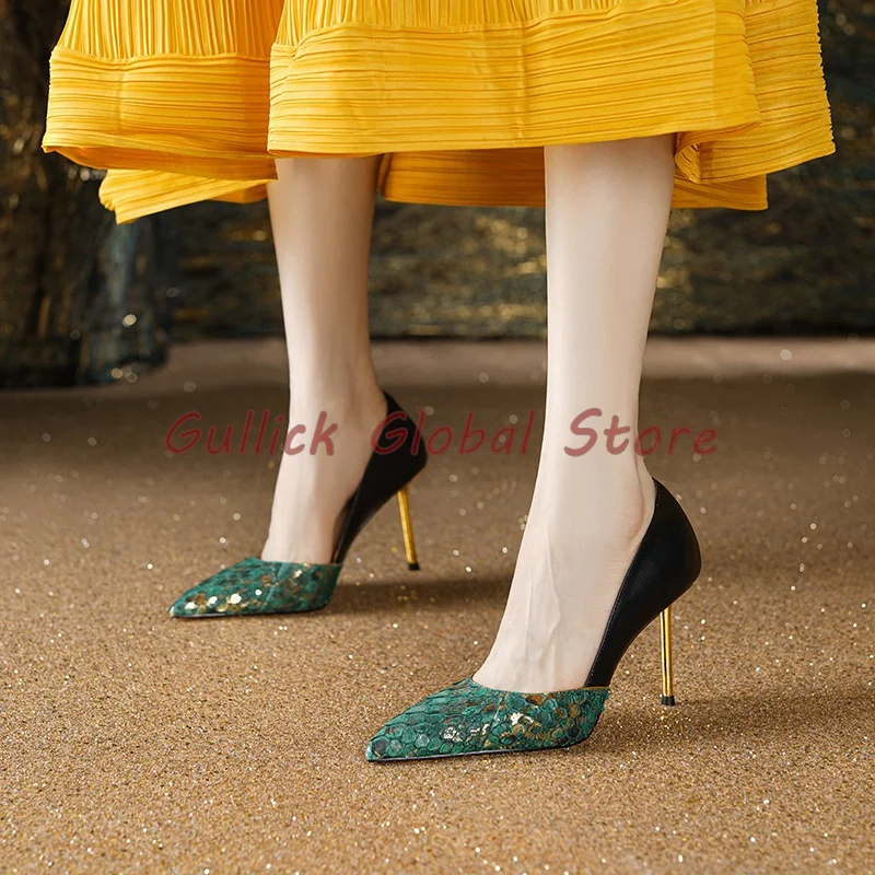 

Sexy Women Stiletto Mixed Color Green Grey Pointed Toe Genuine Leather Bling Serpentine Shallow Pumps Summer Dress Party Club