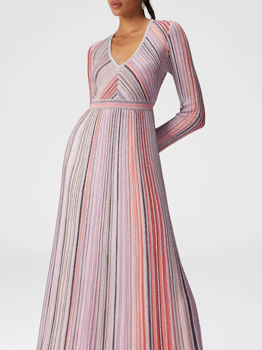 TWOTWINSTYLE Hit Color Striped Casual Long Dresses for Women V Neck Long Sleeves High Waist Elegant Dress Female Fashion Clothes