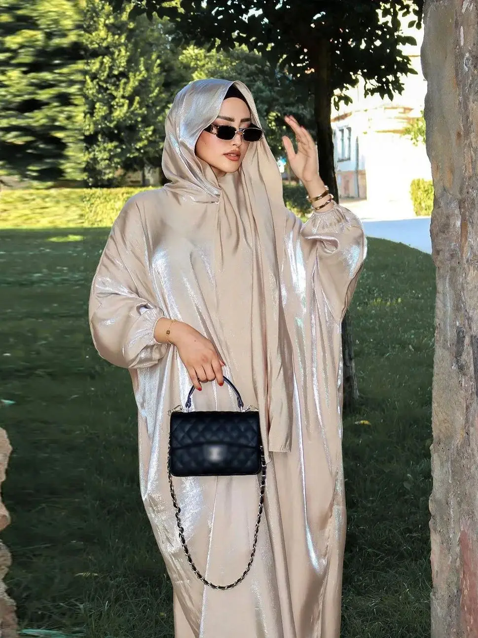 Ramadan Eid Shiny Muslim Dress Hijab Muslim Abaya with Scarf female Elastic Cuff Sleeve Islamic Kaftan Robe dress wy1874