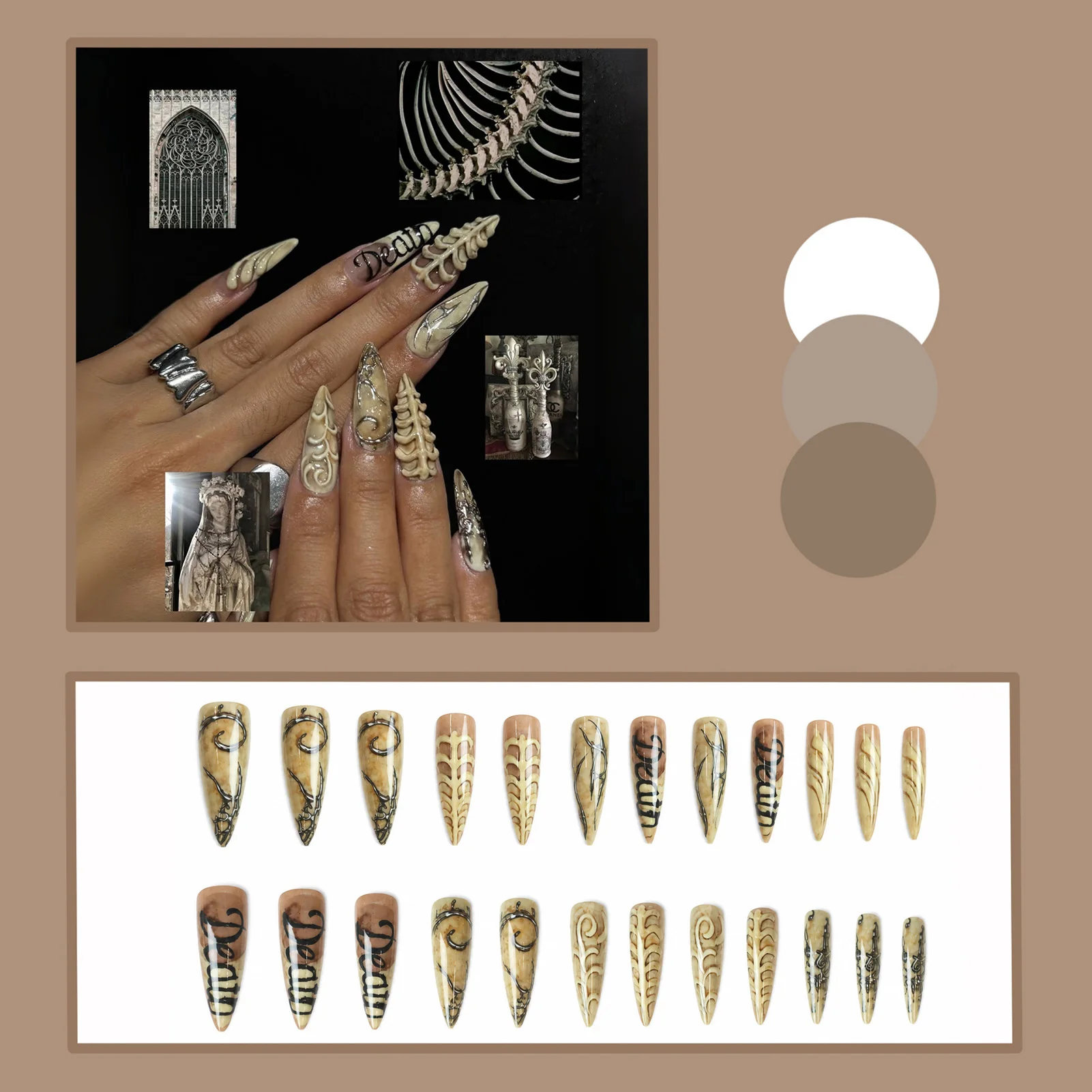 Cosplay Lovers Press on Nails Halloween Gothic Style Long Stiletto Bone Nail Tips for Horror Party Costume Accessories