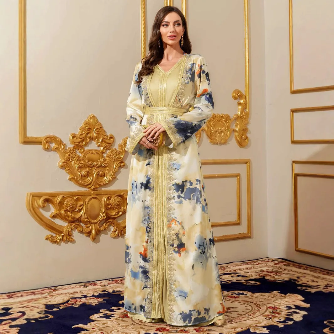 

Xiyin Dubai Абая женское платье длинное платье с арабским принтом комплект из двух предметов длинное платье халат Абая Рамадан Дубай роскошный ислам элегантный