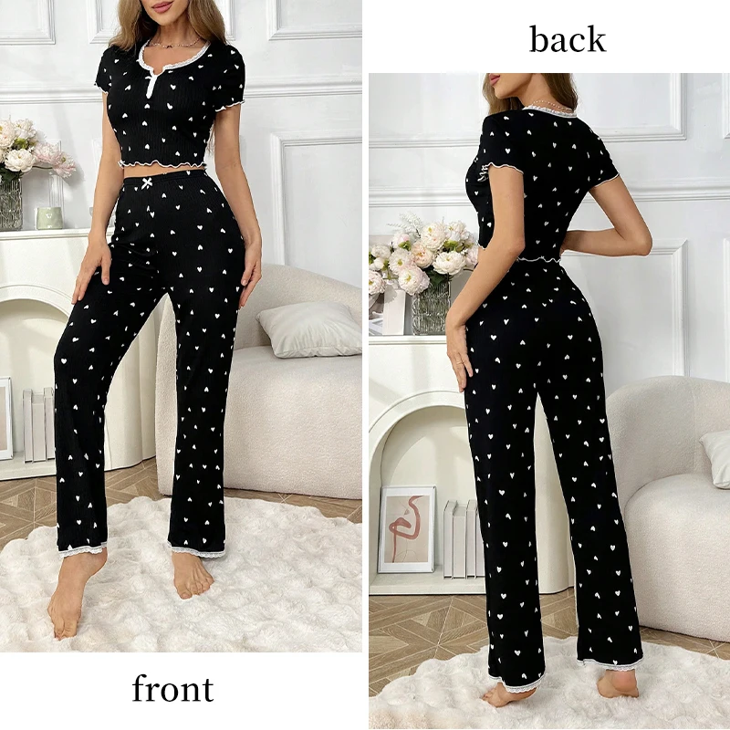 Womens' Casual Pajamas Set Love Print Black Casual Lounge Wear Decorative Button Lace Edge Short Sleeve Pants