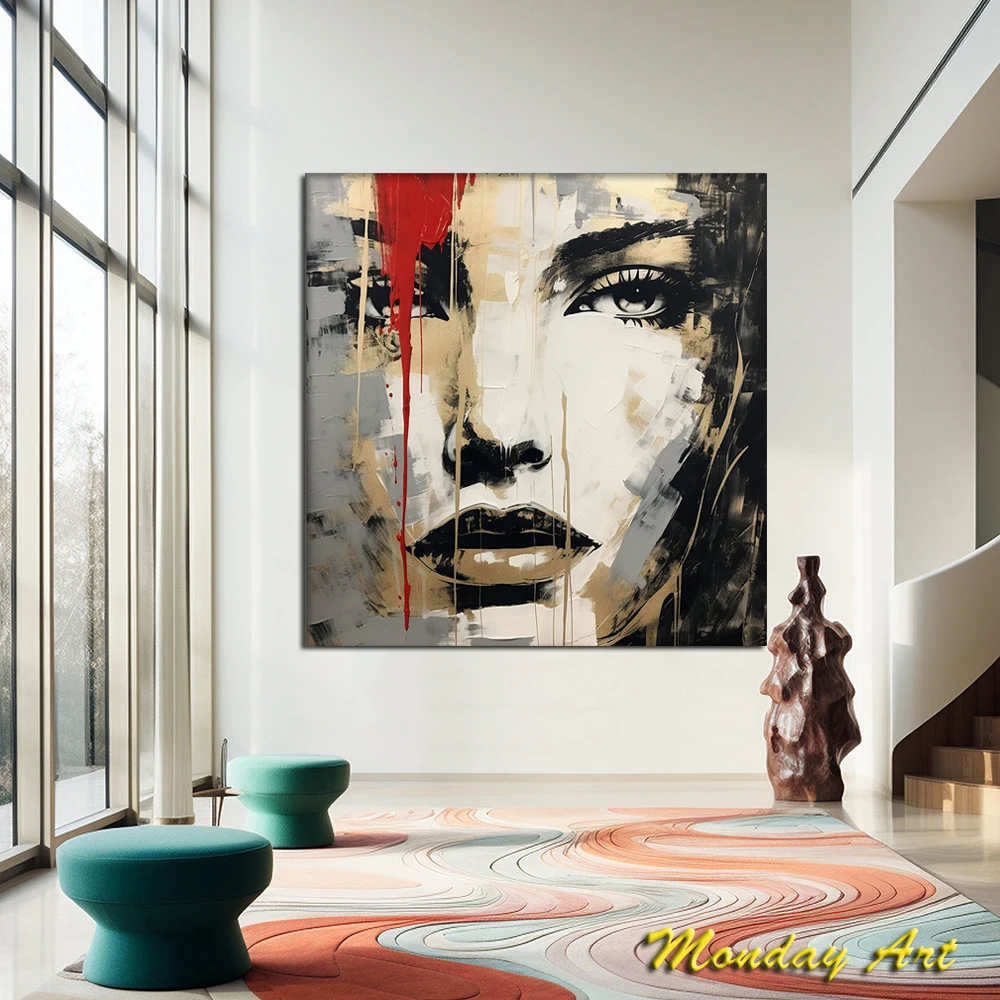 Hand Painted Woman Face Red Gray Gold Black Textured Acrylic Abstract Oil Painting Wall Decor Living Room Fedex Shipping Cost