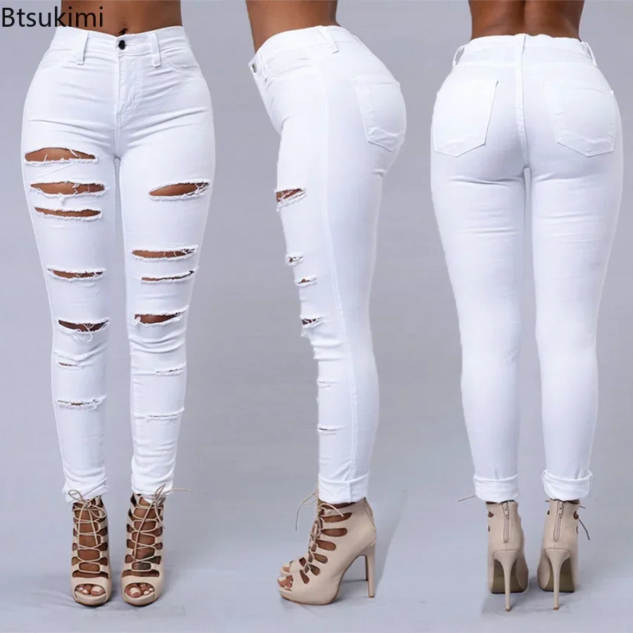 2024 Women\'s Stretch Skinny Ripped Hole Washed Denim Jeans Female High Waist Pencil Y2k Pants Jeans Ladies Casual Trousers Pants