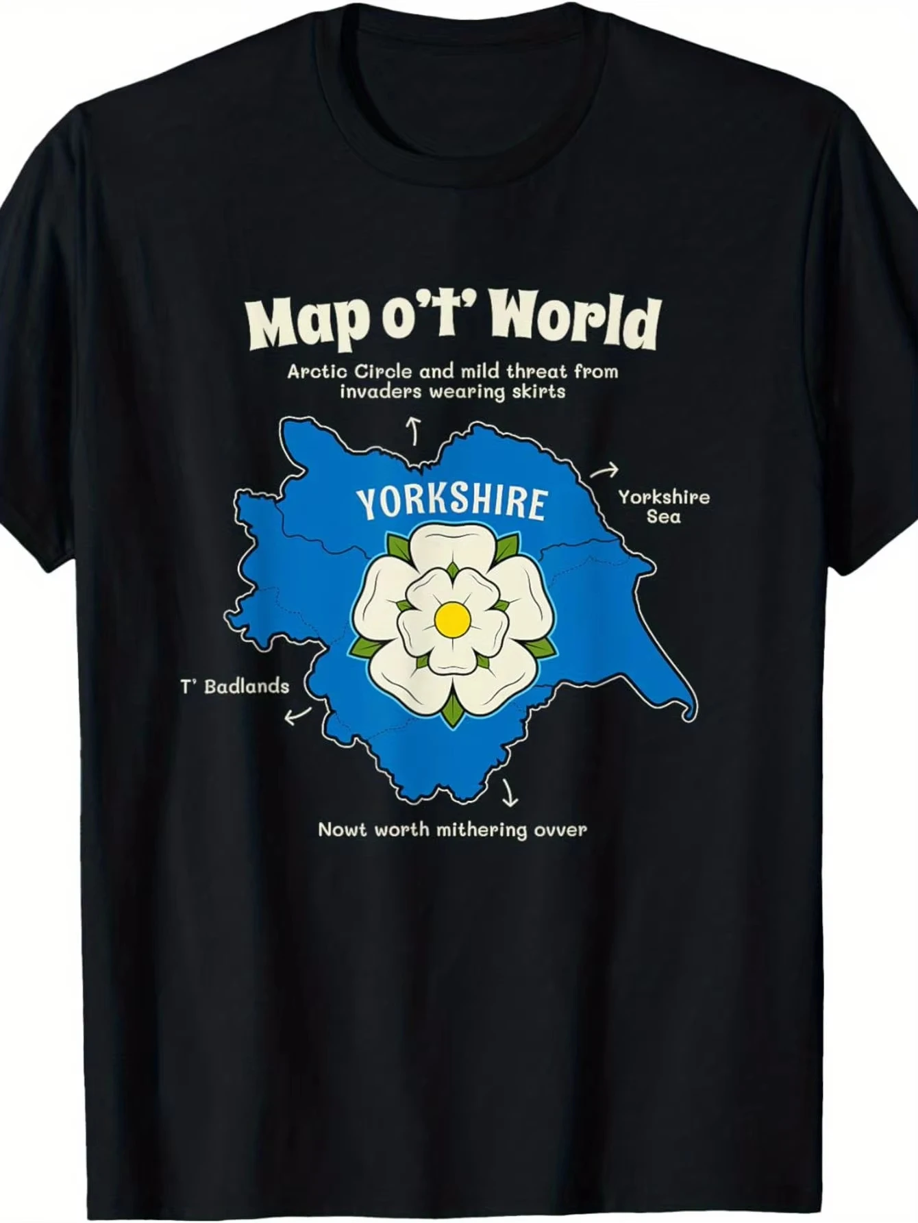 T-shirt humoristique avec une carte du monde sur le thème du Yorkshire - Un design célébrant la géographie britannique avec des éléments tels que le...