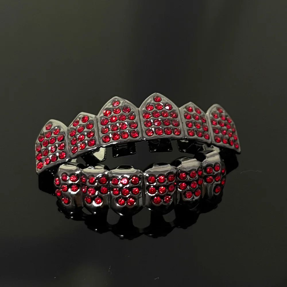 

YOUNGX Gothic Style Red Color Zircon Teeth Grillz Hip Hop CZ Stone Tooth Caps For Women Men Jewelry Halloween Cosplay Gift