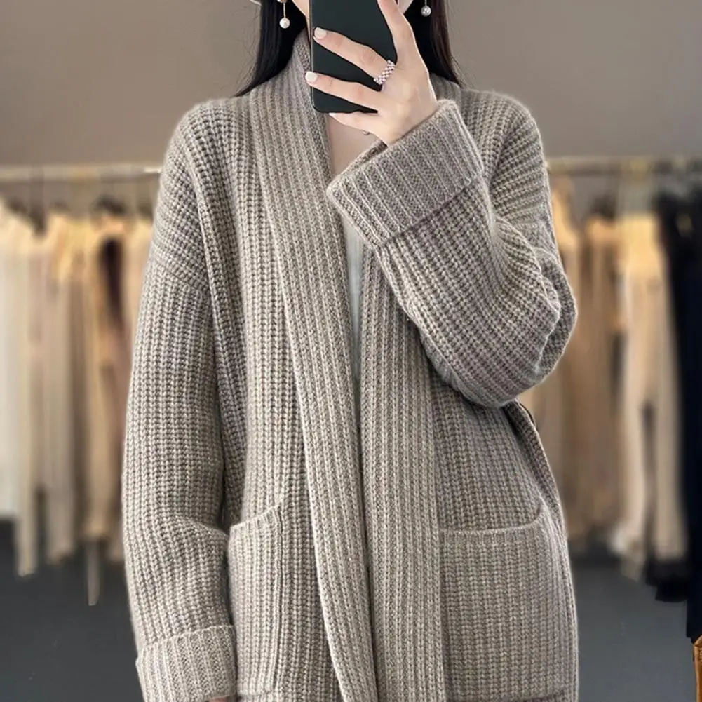 Winter Women Cardigan Sweater Solid Color Open Stitch Knitted Outerwear With Pockets Thick Elastic Long Sleeve Mid Length Coat