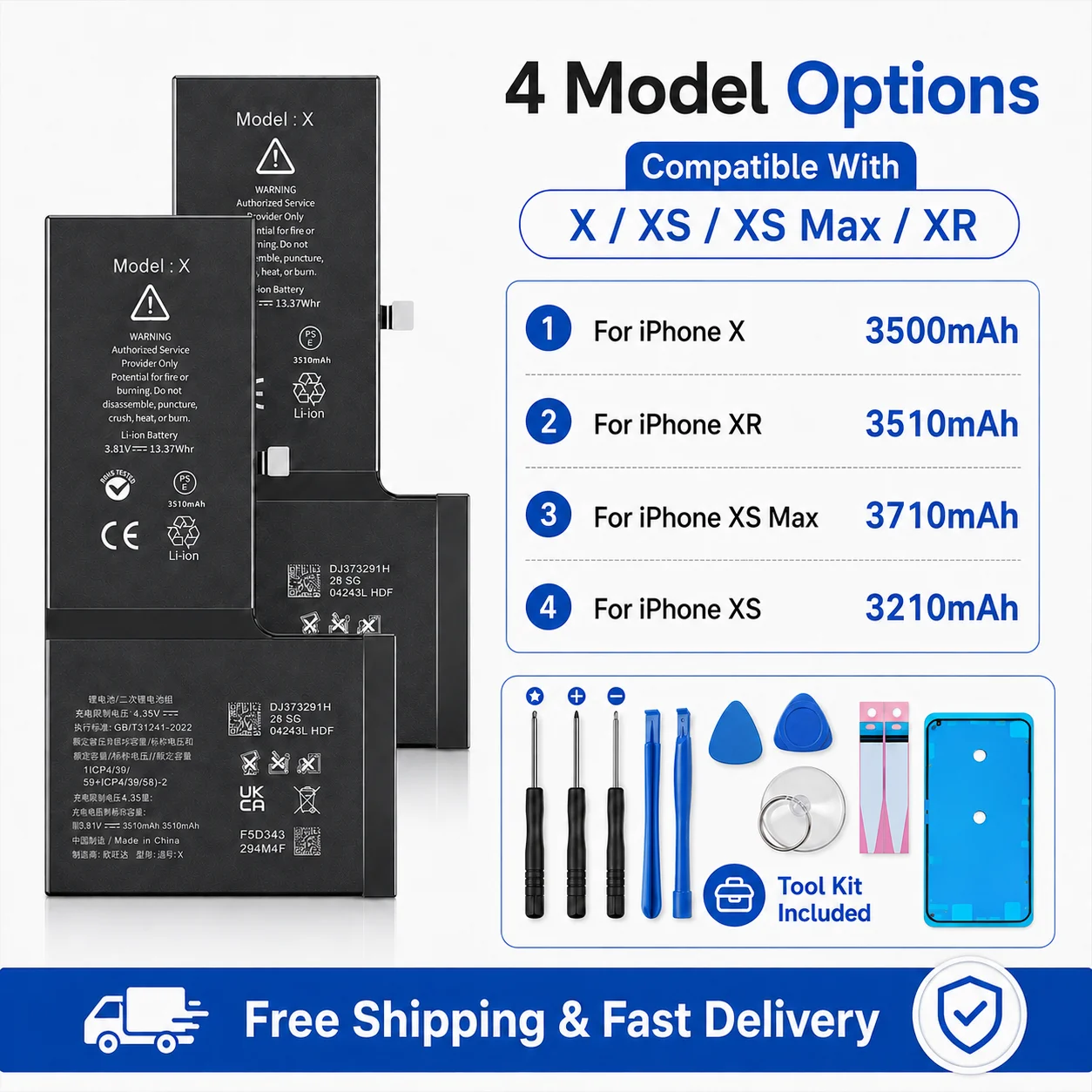 For iPhone X XS XR XS Max Replacement Battery Rechargeable Li-ion Internal Phone Battery With Tool Kit Repair Spare Part