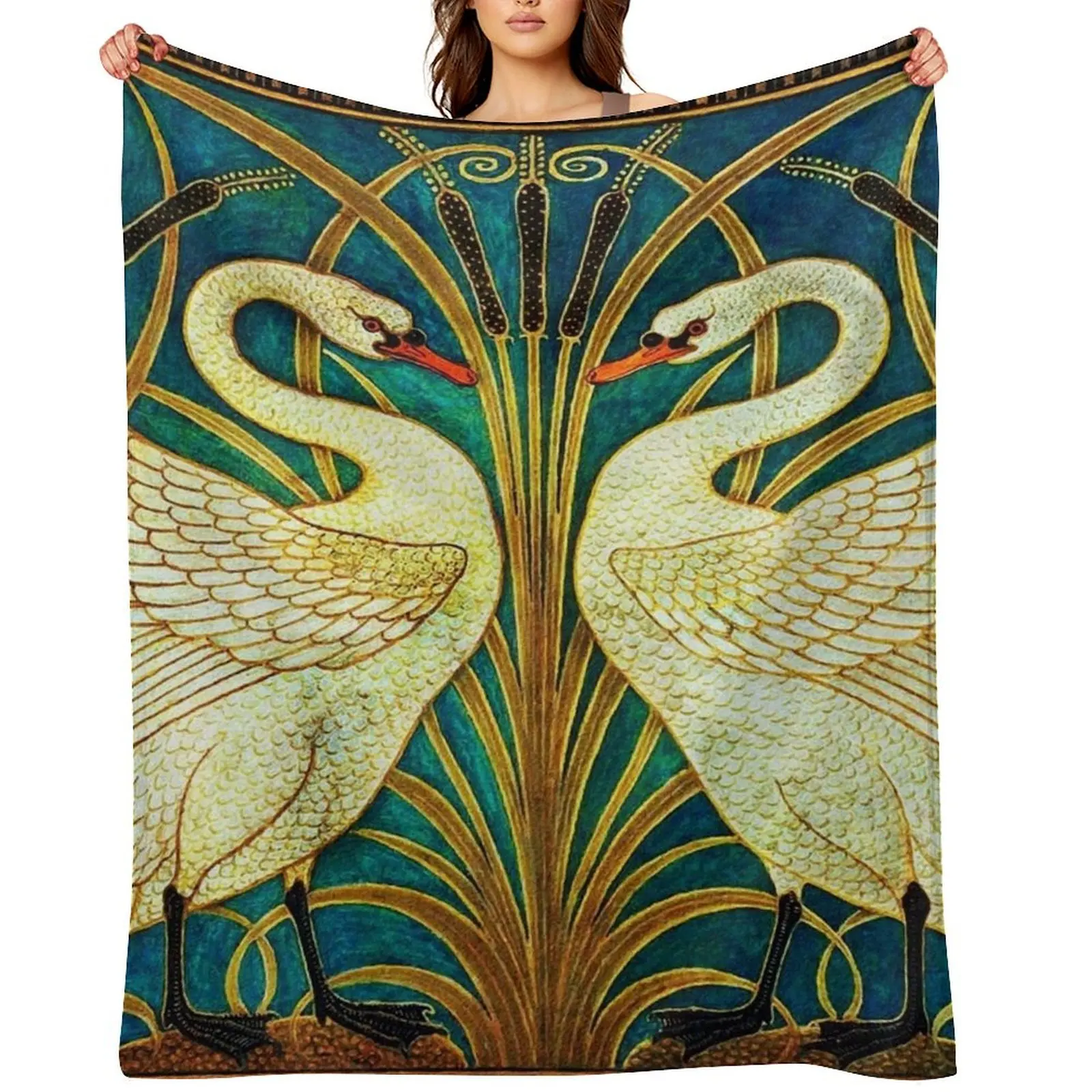 

TWO WHITE SWANS AMONG REEDS IN BLUE Art Nouveau Animals Throw Blanket for winter Thins Decorative Sofa Bed Blankets