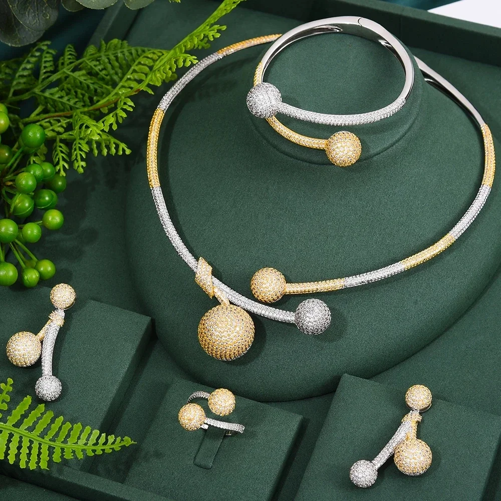 

Soramoore Luxury High Quality Gorgeous 4pcs Trendy Ball Fashion Necklace Bangle Earrings Ring Jewelry Sets For Women Wedding