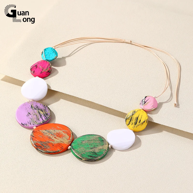 GuanLong New Trendy Beaded Big Pendant Necklaces for Women Colorful Short Rope Chain Necklaces for Girls Choker Vintage Jewelry