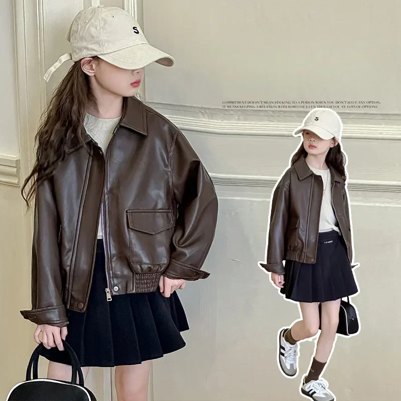 Brown Biker Chic Trendy Outerwear 8 12 13 14 Years Girls Leather Jacket 2025 Spring Fashion PU Casual Windproof Young Kids Coats