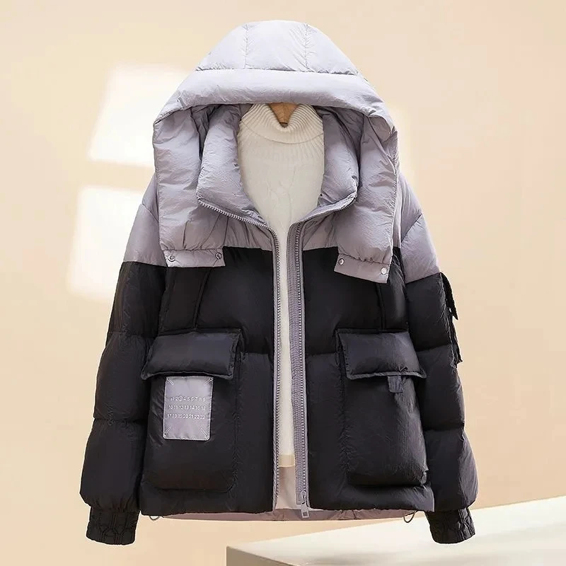 

2025 Winter Short Women Jacket Female Splicing Down cotton Hooded Coats Thick Warm Parkas Jackets Windproof Casual Student Coats