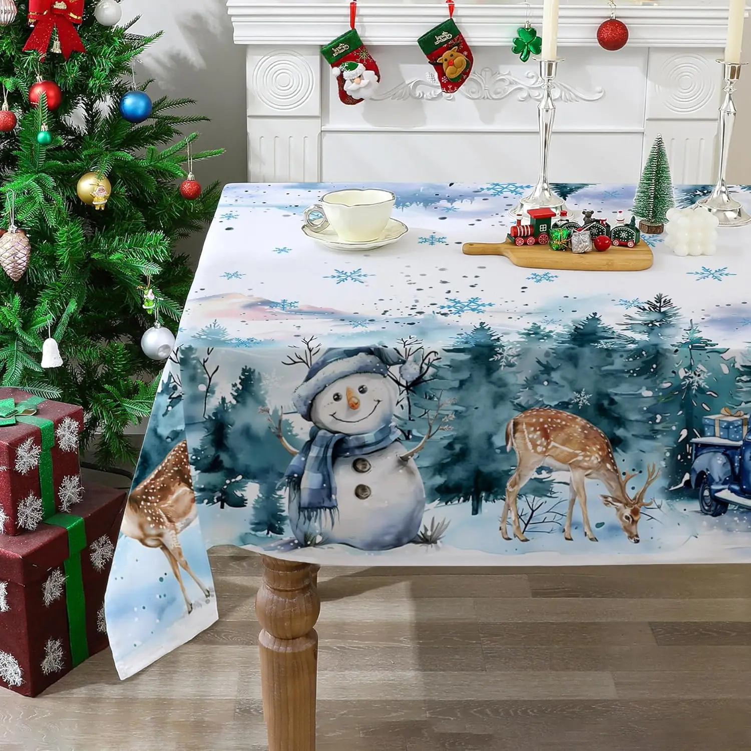 

Christmas Tablecloth Rectangle - Winter Snowman and Truck Xmas Decorations for Home - Christmas Table Cloth - Winter Decor