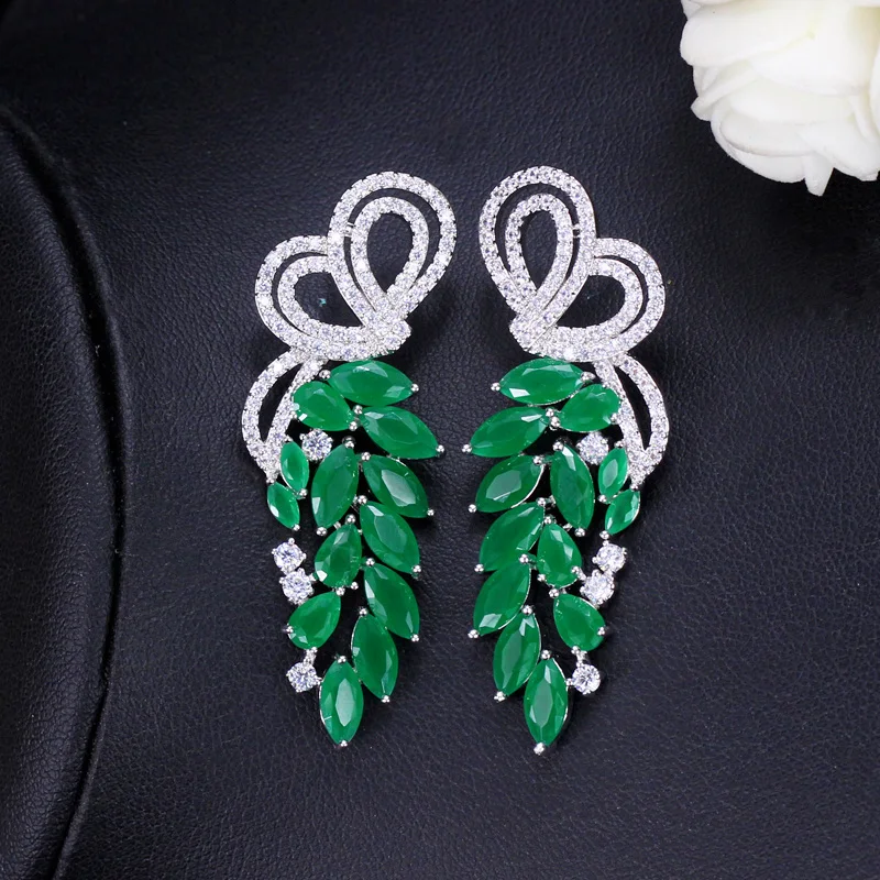 ThreeGraces New Fashion Green Cubic Zirconia Stone Silver Color Long Leaf Drop Earrings for Women Trendy Party Jewelry E1876