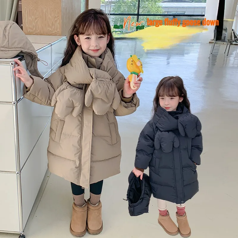 

White Goose Down Down Jacket with A Long Free Waist for Girls' Winter Coat and Detachable Hat Mom and Daughter Matching Clothes