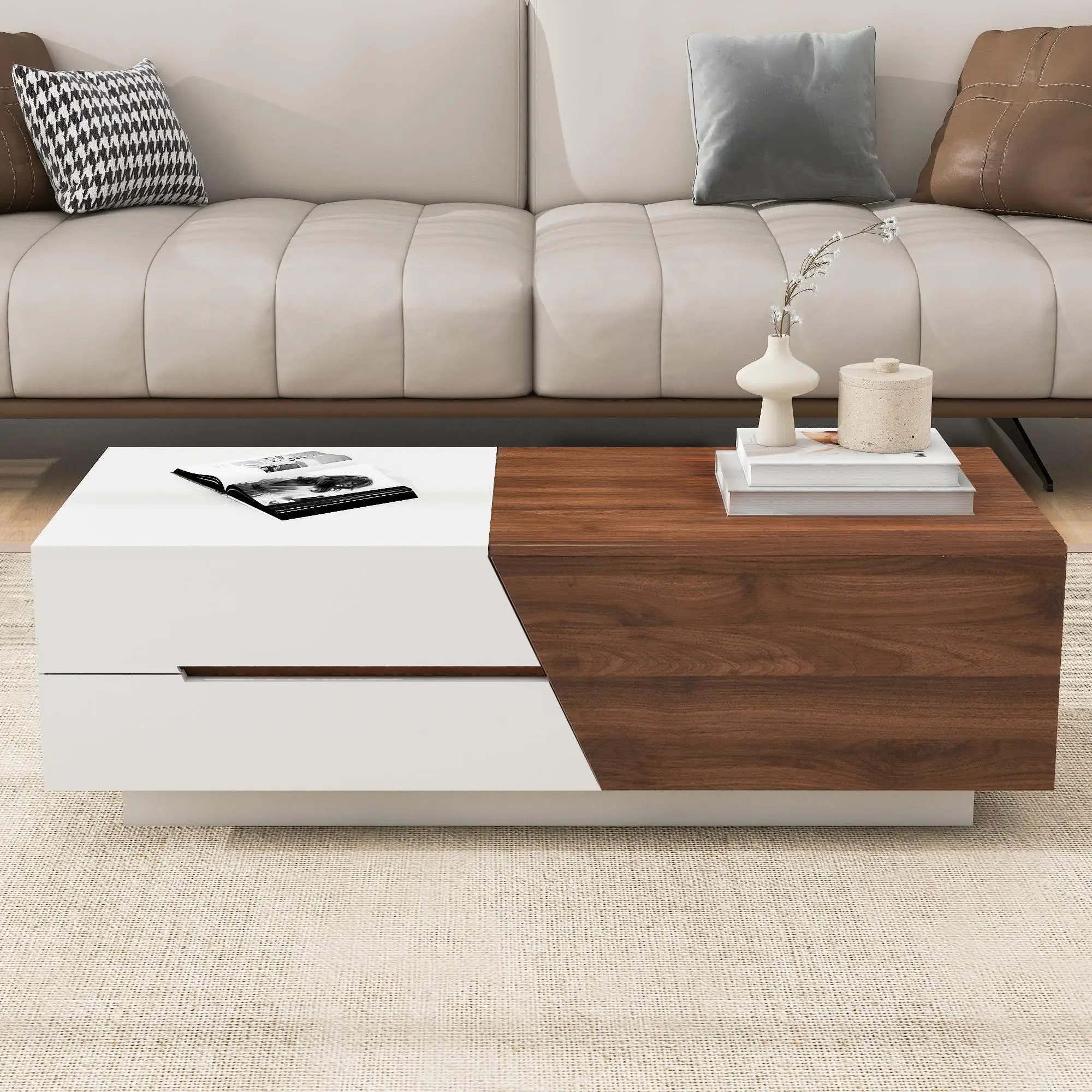 

Modern Extendable Sliding Top Coffee Table with Storage in White&Walnut