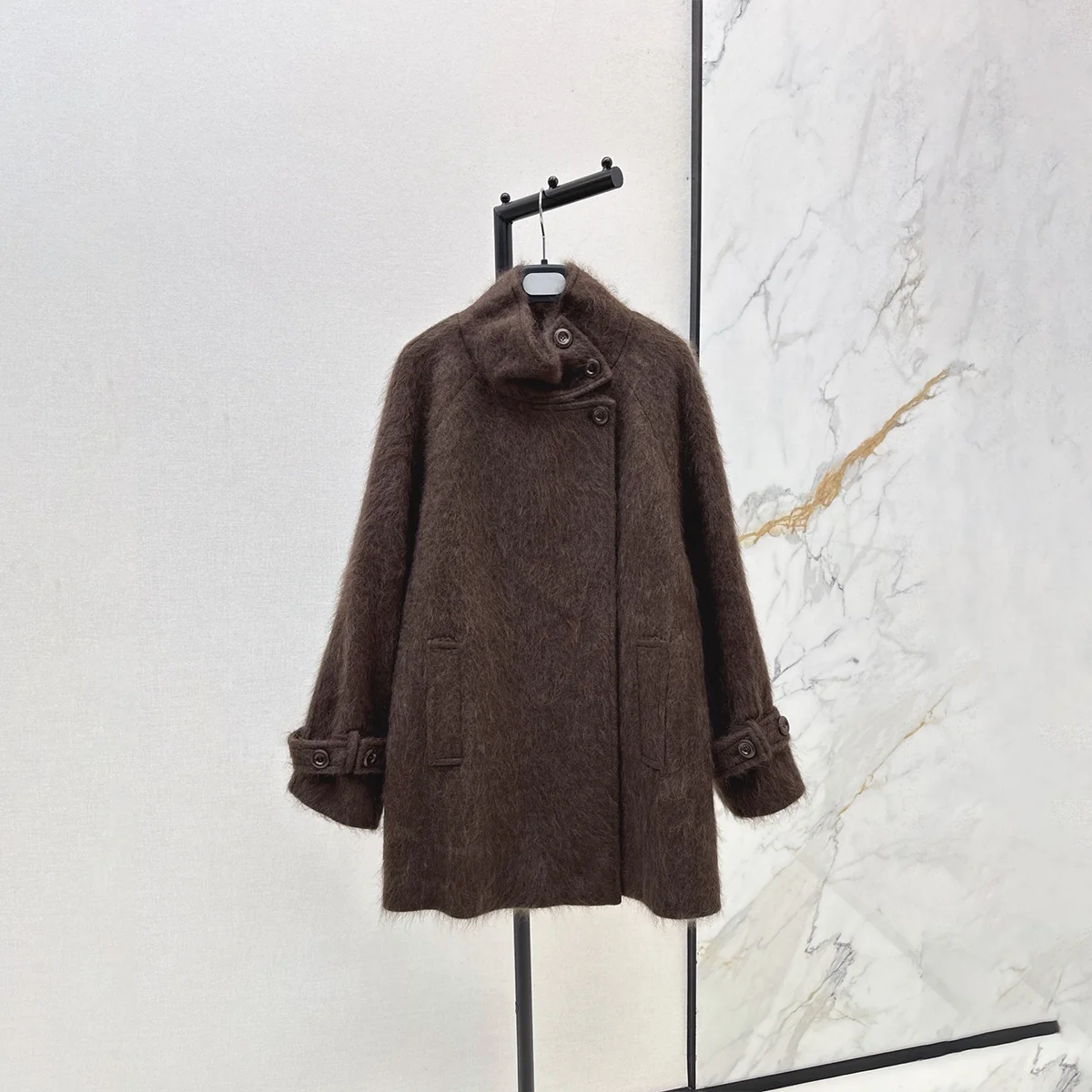 2026 High Quality Women's Stand up Collar Long Hair Medium length Woolen Coat--hb810