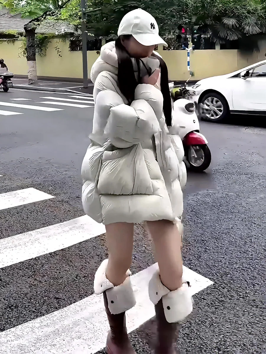 여성용 흰색 다운 패딩 재킷 겨울 코트 후드 따뜻한 슬리 스윗 슬레 레귤러 길이 무브랜드