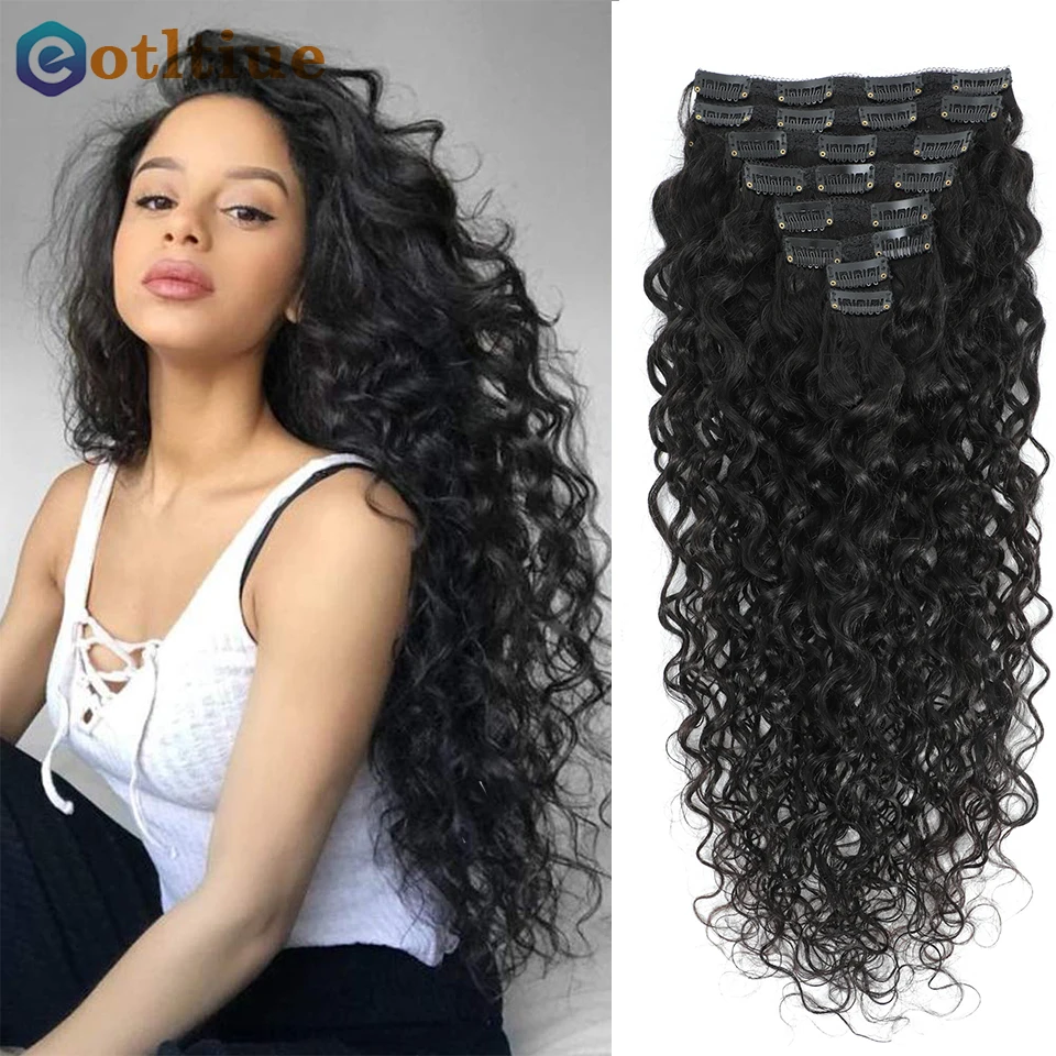 Eotltiue Water Wave Clips In Hair Extensions Brazilian Human Hair 8 Pieces And 120g/Set Natural Color 8-24 Inches Remy Hair