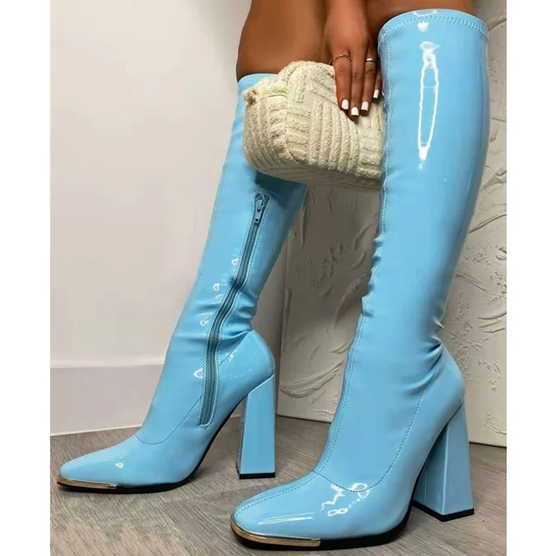 Luxury Sexy Women Knee-high Modern Boots Fashion Square Toe Shiny Leather High Heel Shoes Rozmiar 36-43 Buty damskie Botas De Mujer